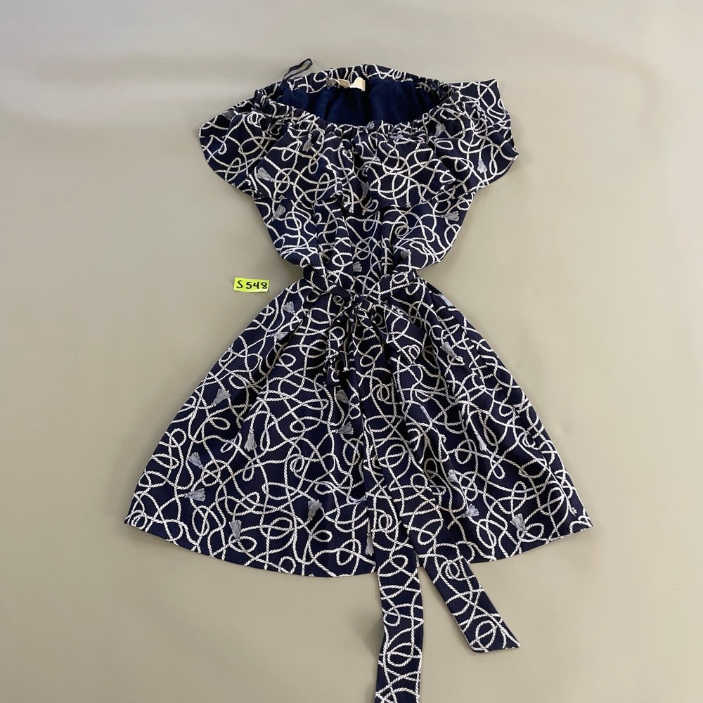 Michael Kors Navy White Rope Tassel Print Off Shoulder Belted Mini Dress Small